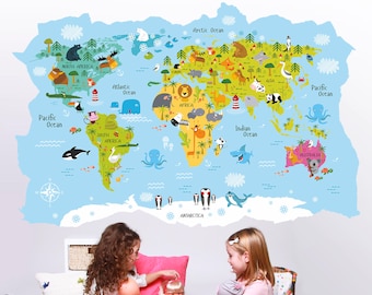 Autocollant mural de carte du monde des animaux, autocollant mural de carte du monde colorée, carte du monde pour enfants, autocollant en vinyle amovible, art mural, décor