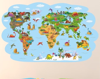 Dinosaur World Map Wall Decal, Dinosaur Wall Sticker, Dinosaur Name, Removable Vinyl Sticker, Cartoon Dinosaurs, Decor for Kids, Wall Art