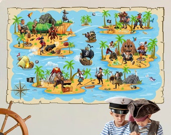 Piraten Karte Wandtattoo, Schatzinsel Karte Wandtattoo, Seeschlacht, Piratenschiff, Pirat, Truhe, abnehmbarer Vinyl Sticker, Dekor, Wandkunst