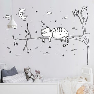 Cat on a Tree Wall Sticker, Sleeping Cat Wall Decal, Decor for Home, Removable Vinyl Sticker, In Black and White Wall Art