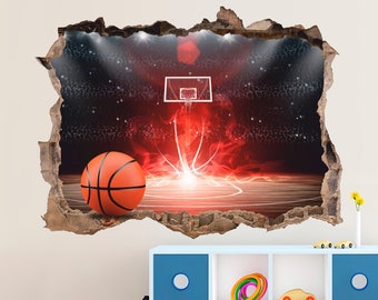 Basketball Wall Decal, Basketball Arena Wall Sticker, Sport, Basketball Hoop, Removable Vinyl Sticker for Kids Room, Wall Art, Decor