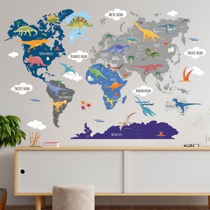 Muursticker wereldkaart dinosaurus, muursticker, dinosauruswereld, naam dinosaurus, grijsblauw, muurtattoo, kunst aan de muur, decor