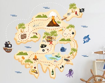 Pirate Map Wall Sticker, Treasure Island Map Wall Decal, Pirate Ship, Removable Vinyl Sticker, Decor, Wall Art