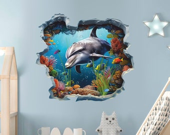 Delfin 3D Wandtattoo, Korallen Wandtattoo, Wandtattoo, Korallenfische, Ocean, Deko, Wandkunst