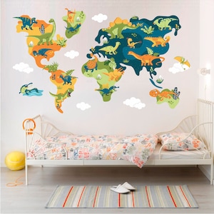 Muursticker wereldkaart dinosaurus, muursticker, dinosauruswereld, kinderwereldkaart dinosaurussen, muurtattoo, kunst aan de muur, kinderdecor