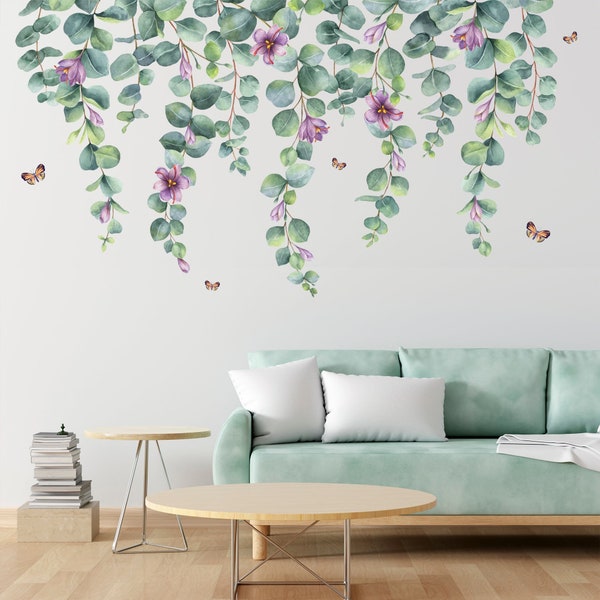 Eucalyptus Feuilles Sticker Mural, Fleurs Violettes de Safran Wall Décalque, Aquarelle, Nature, Plantes Grimpantes, Papillons, Art Mural, Décor