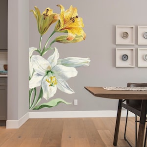 Adesivo murale giglio, decalcomania da parete, acquerello, fiore giallo e bianco, natura, piante, intimità, adesivo in vinile rimovibile, arte murale, decorazione da parete