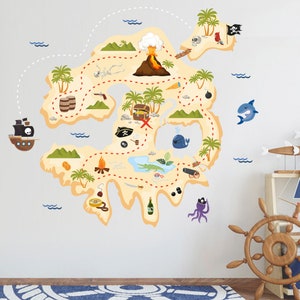 Muursticker piratenkaart, muursticker kaart schateiland, piratenschip, verwijderbare vinylsticker, decor, muurkunst