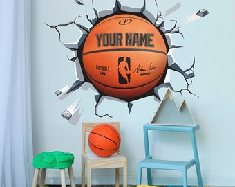 Calcomanía de pared de baloncesto, pegatina de pared de pelota personalizada, deporte, pegatina de vinilo extraíble, su nombre, arte de pared, decoración