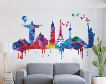 Famous Landmarks Wall Sticker, World Wall Decal, Watercolor, Cities, Statues, Removable Vinyl Sticker, Wall Art, Decor