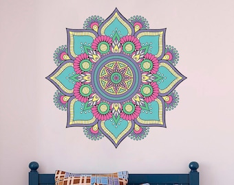 Pegatina de pared Mandala, calcomanía colorida de pared Mandala, Buda, decoración para el hogar, pegatina de vinilo extraíble, arte de pared de yoga #2