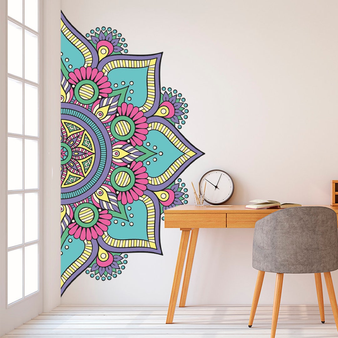 Mandala in Half Wall Sticker, Colorful Mandala Wall Decal, Decor for Home,  Studio, Removable Vinyl Sticker for Meditation, Yoga Wall Art 2 
