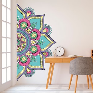 Mandala in Half Wall Sticker, Colorful Mandala Wall Decal, Decor for Home, Studio, Wall Tattoo for Meditation, Yoga Wall Art 02