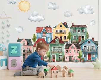 Vinilo decorativo de pueblo en acuarela – Adhesivo de pared de casas coloridas – Decoración de pared para guardería y habitación infantil – Mural de pueblo de cuento