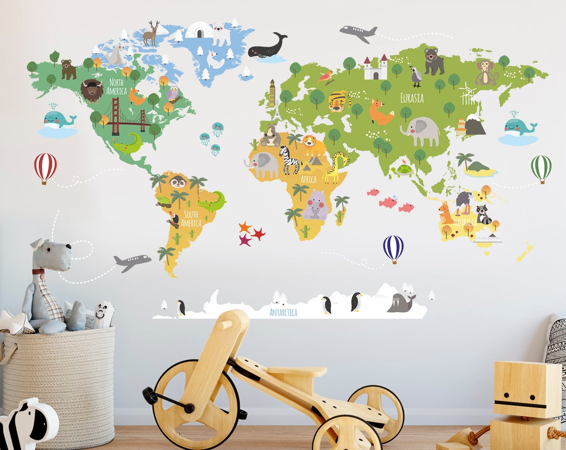 World Map Wall Sticker Colorful World Animal Map Wall Decal Etsy