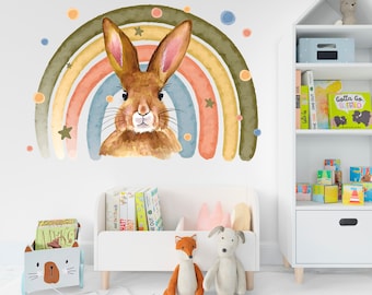 Rabbit Wall Decal, Watercolor Colorful Rainbow Wall Sticker, Bunny, Sticker for Kids, Removable Vinyl Sticker for Nursery, Playroom