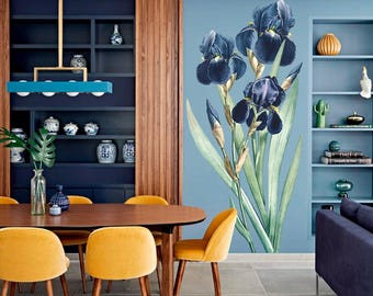 Adhesivo de pared de iris: arte mural vintage de flores azules con acuarela para una decoración inspirada en la naturaleza.