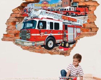 Personalized Fire Truck Wall Decal - Custom Commissioner Name - Kids Room Decor Firefighter Theme