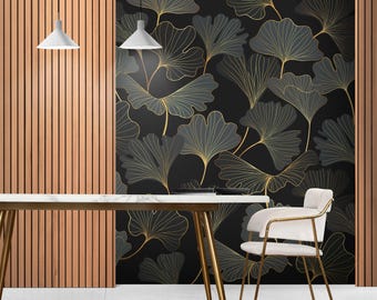 Mural de papel pintado de Ginkgo Biloba, fondo negro, tamaño personalizado, decoración natural