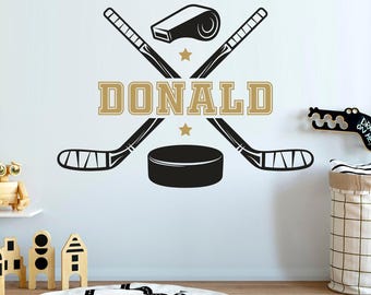 Calcomanía de pared personalizada con nombre de hockey - Arte mural deportivo, decoración personalizada para habitación infantil