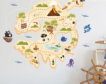 Pirate Map Wall Sticker  Treasure Island Decal  Pirate Ship Wall Art