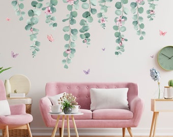 Leaves Wall Sticker, Wall Decal, Watercolor, Nature, Climbing Plants Flower, Butterflies, Cosiness, Removable Vinyl Sticker, Wall Art, Decor