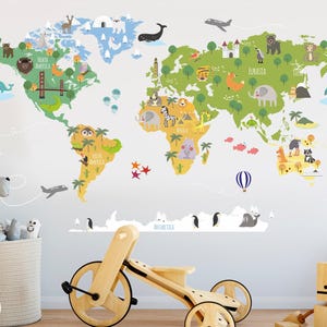 Colorful World Map Wall Sticker - Animal Wall Decal for Living Room Decor - Unique Wall Art