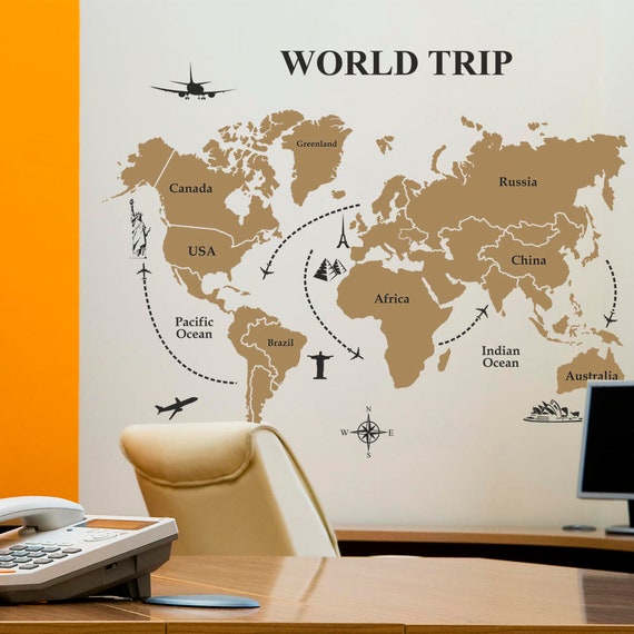 World Map Wall Sticker Trip Decal Decor With Symbols Of The Removable Vinyl Art - World Wall Decal World Map Wall Sticker Trip Decal Decor With Symbols Of The Removable Vinyl Art - World Wall Decal