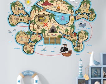 Vinilo decorativo de mapa pirata - Decoración de la Isla del Tesoro - Arte mural de barco pirata - 002