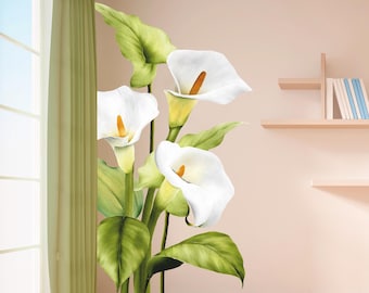 Calcomanía de pared con flores de cala, lirio vintage, acuarela, arte floral rosa, decoración de pared inspirada en la naturaleza.