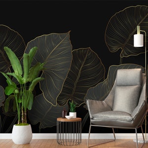 Carta da parati con foglie, sfondo nero, foglia di loto, murale, fiori, piante, natura, dimensioni personalizzate, decorazione, arte murale