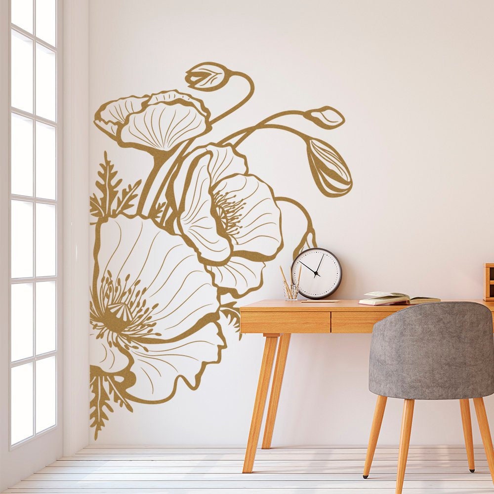 Poppy Flower Wall Sticker, Wall Decal, Plants, Removable Vinyl Sticker, Decor, Wall Art