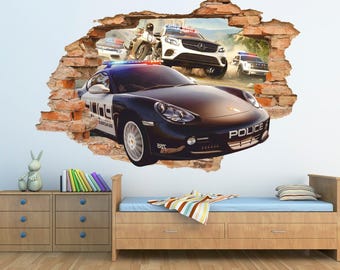 Police Car Wall Decal  Porsche Pursuit Wall Sticker for Kids Room Decor