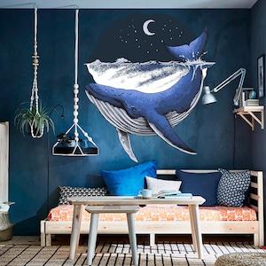 Calcomanía de pared de ballena azul con olas del océano para decorar el hogar con cielo nocturno.