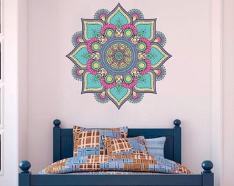 Vinilo decorativo de mandala colorido - Tatuaje de pared bohemio para meditación - Adhesivo de yoga - Arte zen para pared - Decoración india - Diseño 002