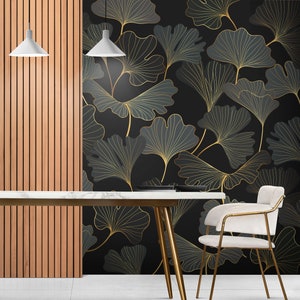 Leaves of Ginkgo Biloba Wallpaper, Black Background, Leaves, Wall Mural, Ginkgo Trees, Flowers, Plants, Nature, Custom Size, Decor, Wall Art