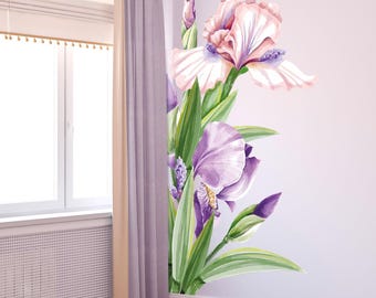 Adhesivo de pared de iris: diseño vintage de flores de acuarela para decoración de pared inspirada en la naturaleza.