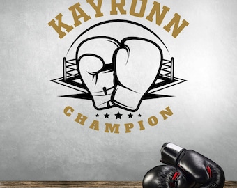 Calcomanía de pared personalizada con nombre de boxeador - Arte mural deportivo con guantes de boxeo - Decoración personalizada para boxeadores