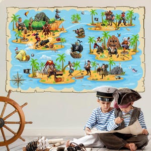 Sticker mural carte de pirate - île au trésor déco bateau pirate - art mural coffre