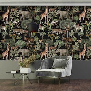 Jungle Wallpaper, Animals Wall Mural, Giraffe, Elephant, Ostrich, Zebra, Sloth, Bear, Parrot, Flowers, Plants, Nature, Decor, Wall Art