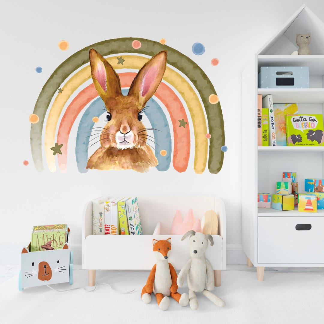 Colorful Rainbow Bunny Wall Decal - Watercolor Sticker for Kids Nursery ...