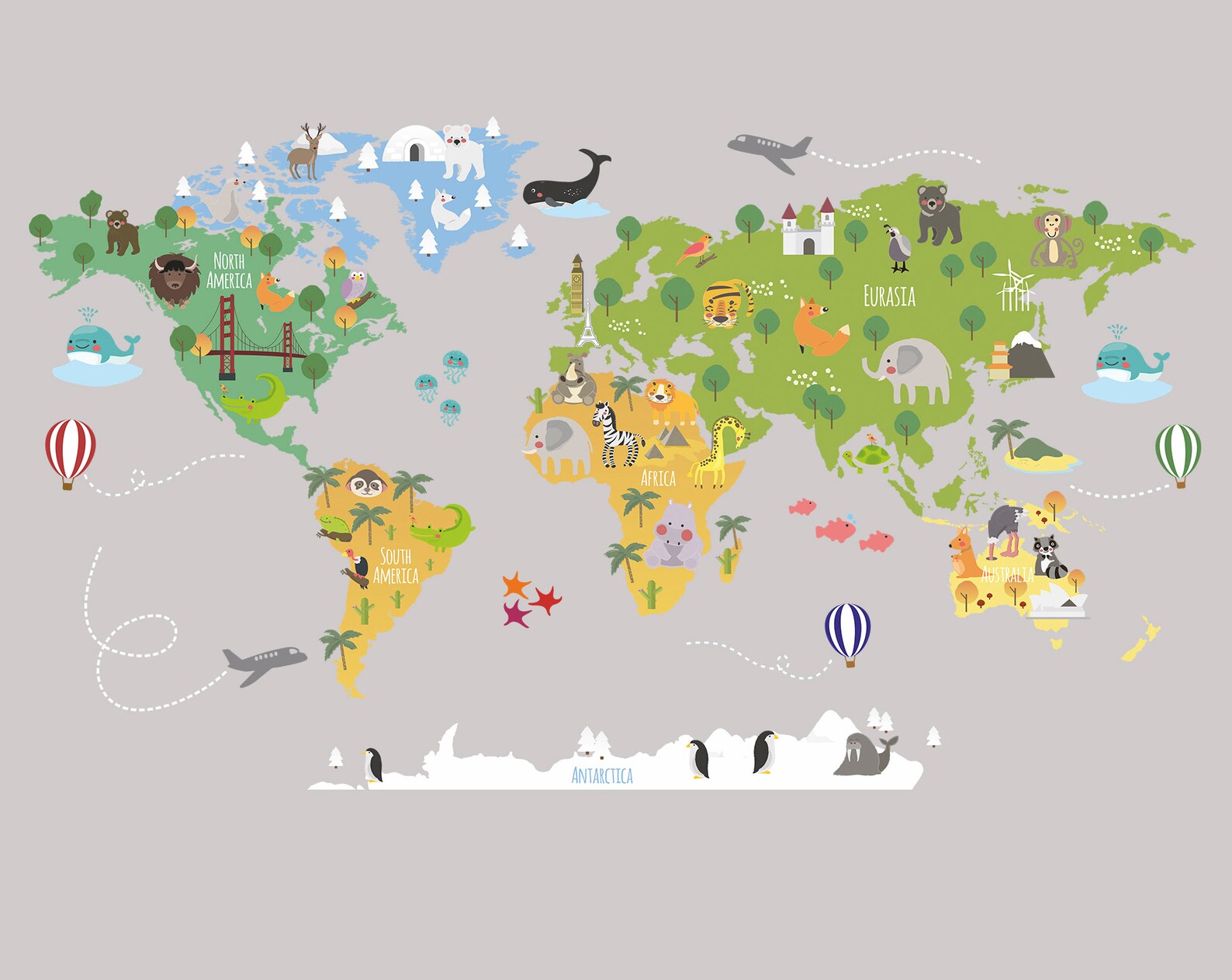 World Map Wall Sticker Colorful World Animal Map Wall Decal Etsy