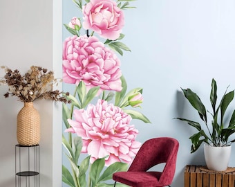 Calcomanía de pared con flores de peonía, acuarela vintage, arte floral rosa, decoración de pared inspirada en la naturaleza.
