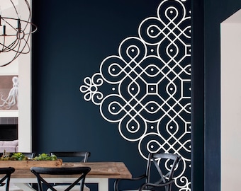 Kolam in halben Wandaufkleber, Wandtattoo, Dekor für Haus, Studio, Muster, Mandala, entfernbarer Vinylaufkleber, Folk Indian Zeichnung, Wandkunst 02