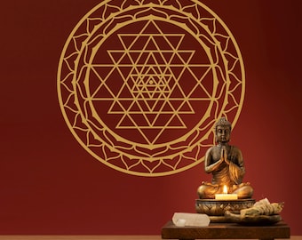 Vinilo decorativo Sri Yantra - Tatuaje de pared bohemio para meditación - Adhesivo de yoga - Arte zen para pared - Decoración india