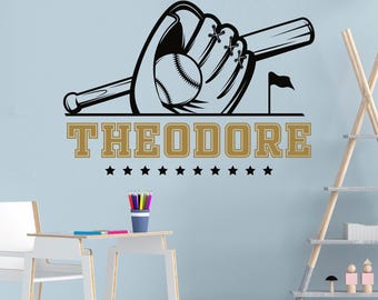 Calcomanía de pared personalizada con nombre de béisbol - Arte deportivo para habitación infantil - Decoración personalizada
