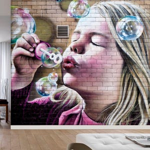Graffiti Wallpaper Mural - Soap Bubbles Street Art for Little Girls - Custom Size Brick Decor