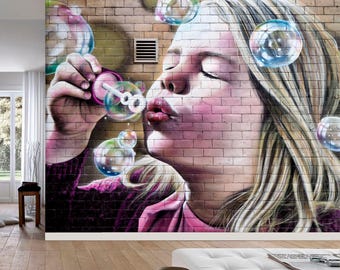 Graffitibehangmuurschildering - Zeepbellen Street Art voor kleine meisjes - aangepast formaat baksteen
