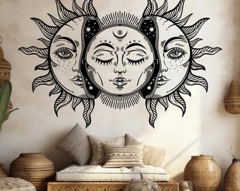 Calcomanía de pared de sol y luna celestial, tatuaje de luna bohemio, arte lineal de sol místico, decoración de brujas, arte de pared bohemio grande