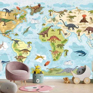 Dinosaurier Weltkarte Tapete, Dinosaurier Wandbild, Dinosaurier Name, Groß, Benutzerdefinierte Größe, Foto Wandbild, Dekor, Wandkunst
